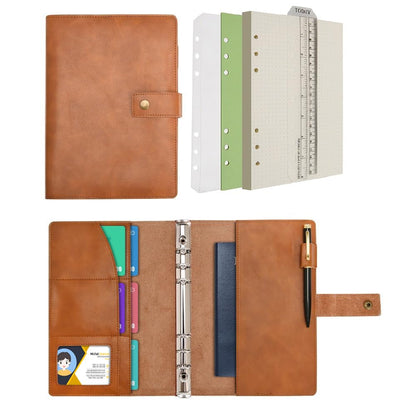 WONDERPOOL Leather Journal Refillable Notebook Spiral Diary Binder Portfolio - A5 Dotted Paper & Inner Pockets for Travel Work and Personal Organizer (Brown, A5)