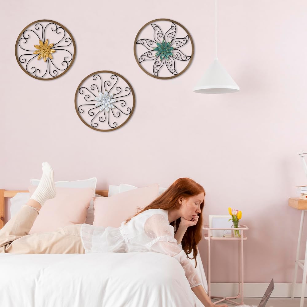 hogardeck Metal Flower Wall Decor - 3 pcs 11" Metal Wood Floral Wall Decoration with 6 Piece Interchangeable Flowers, Hanging Rustic Wall Art for Bedroom, Living Room, Bathroom, Kitchen