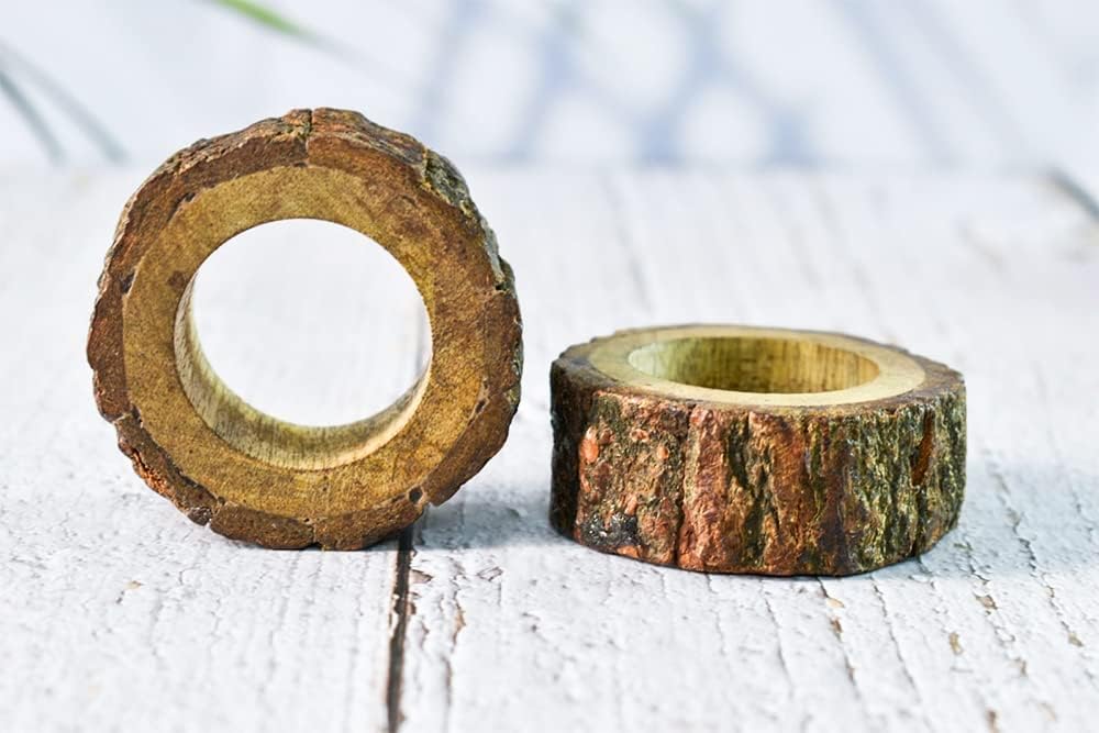 Ajuny Napkin Rings Wooden Set of 12 Handmade 1.5 Inch Decorative Round Shaped Holders with Bark Edge Natural Design for Table Dining Parties Special Occasions Kitchen & Home Decor Gift