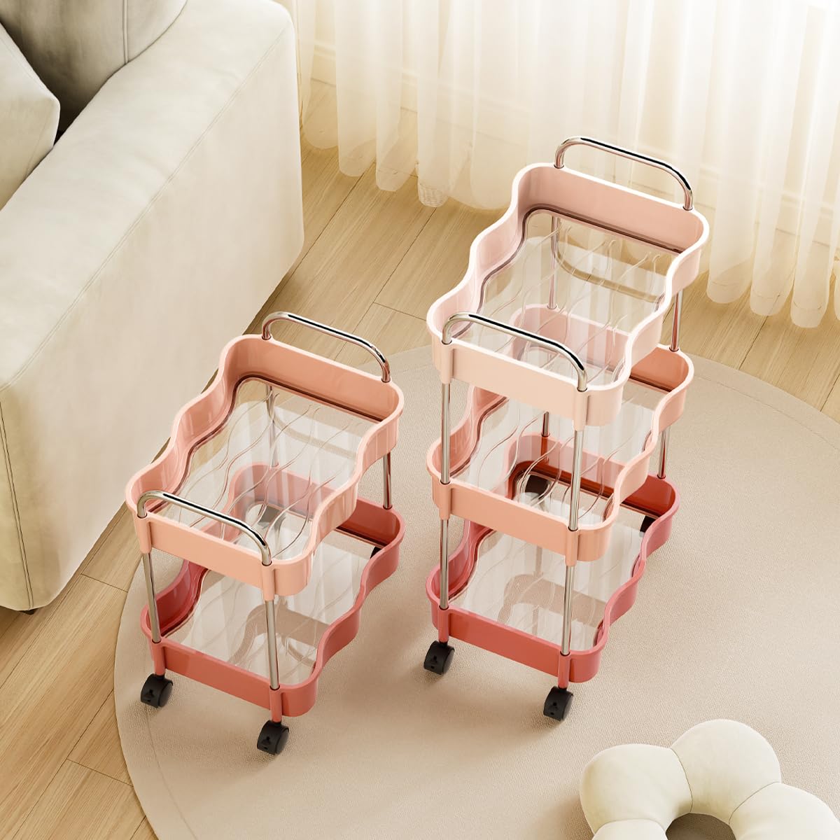 2 Tier Utility Rolling Cart with Wheels Under Desk Storage Cart Organizer with Handle for Home Kitchen Bathroom Office Organization Pink