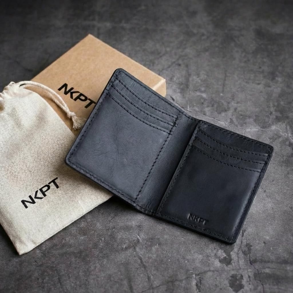 NKPT Slim Leather Credit Card Holder Wallet for Men | Full-Grain Leather, RFID Blocking, 6 Card Slots | Charcoal Gray