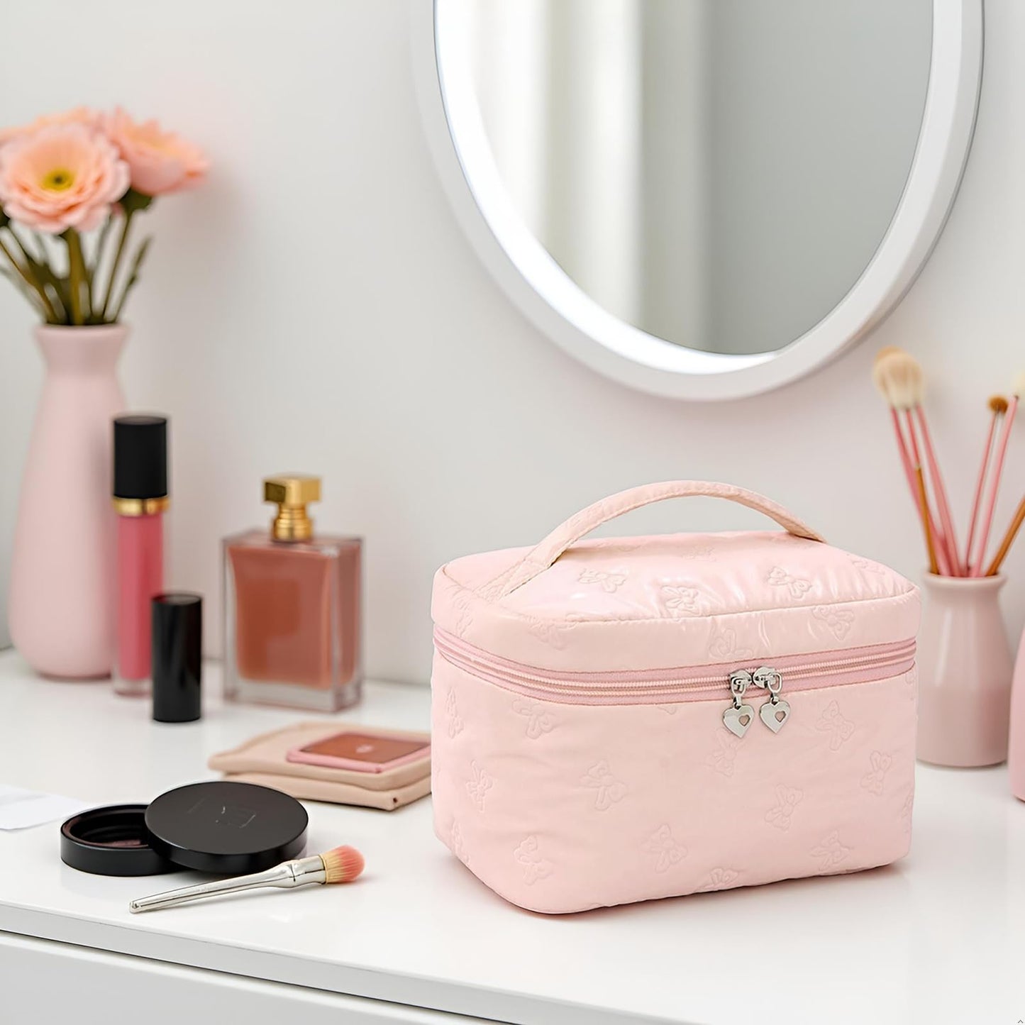 Alamealle Large Cosmetic Bags Travel Makeup Bag with Mesh Pocket Portable Cute Toiletry Bag Aesthetic Make Up Organizer with Handle for Women Girls Girls (Pink)