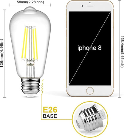 Ascher Vintage LED Edison Bulbs, 6W, Equivalent 60W, Non-Dimmable, Daylight 5000K, 700Lumens, ST58 Antique LED Filament Bulbs with 80+ CRI, E26 Medium Base, Clear Glass, Pack of 4