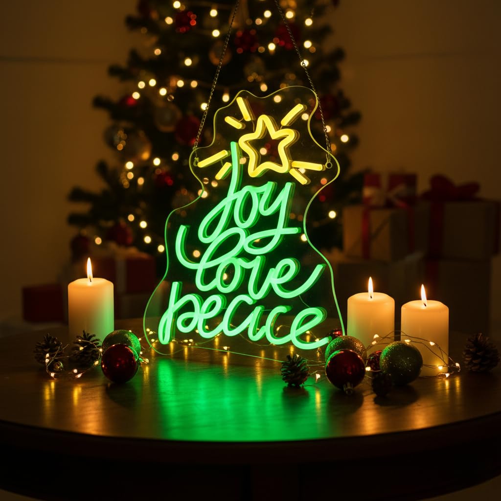 Christmas Tree Neon Sign, Xmas Trees Peace Love Joy Christmas Decoration, USB Powered Led Merry Christmas Neon Light Up Sign for Wall Decor, Xmas Led Sign for Home Holiday Gift New Year Party Backdrop