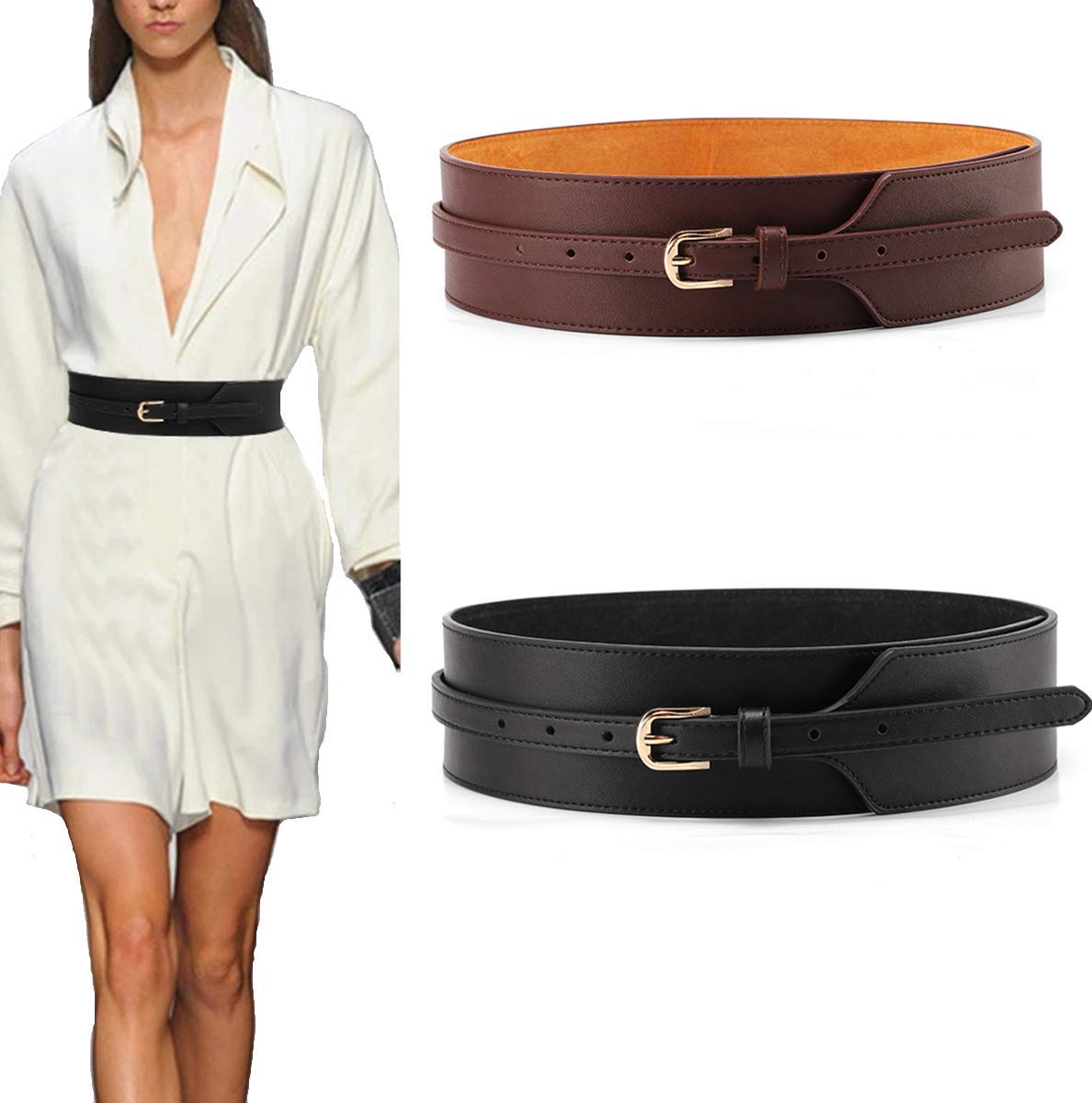 Toptim Women Wide Knotted Belt Design PU Leather Waistbands Simple Width Belt (Black & Brown, Waist 34-39")