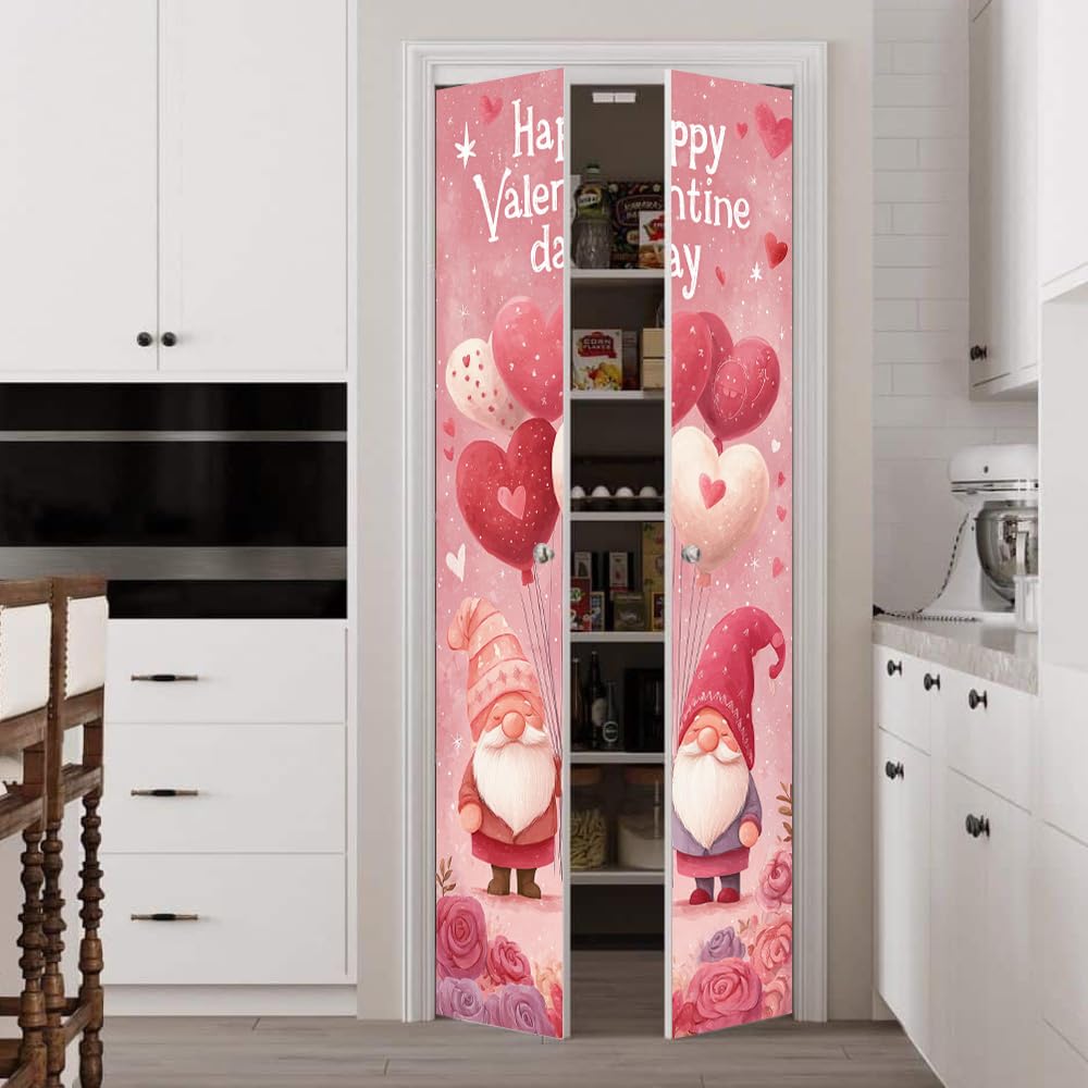 WDESYADMS PVC Self Adhesive Door Sticker 30.3x78.7 Inch Valentine Gnomes with Heart Balloons Design Peel and Stick Decorative Door Decal for Bedroom Living Room Entryway Holiday Home Decor