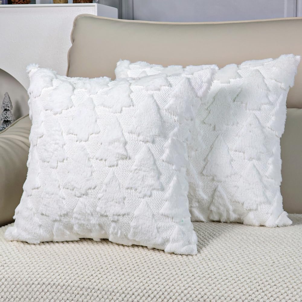 TOYPOPOR Christmas Pillow Covers 18'' x 18'' Set of 2, Soft Faux Rabbit Fur 3D Embroidery Christmas Tree Throw Pillow Covers for Holiday Christmas Decor Sofa, Couch, Skin-Friendly, Invisible Zipper