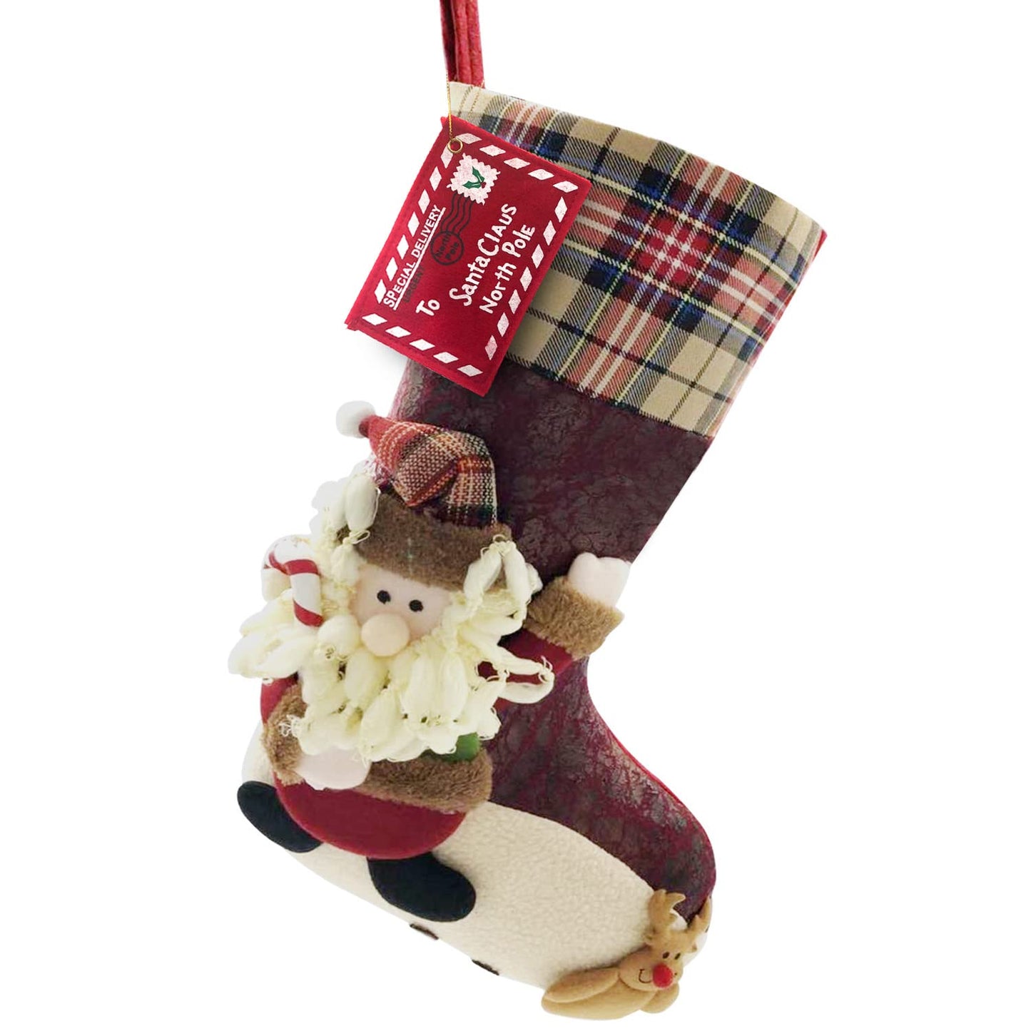 ETERAMUS 21 inch Plaid Christmas Stockings Santa Claus with Deer, Bear, Animal One Piece, Felt Large Plush 3D Reindeer Xmas Stocking for Girls Boys Tree Mantel Party Décor (Red Santa Claus)