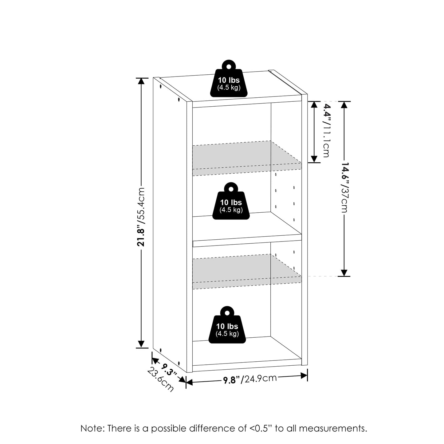 Furinno Fulda Book Shelf, 2-Tier Narrow Bookshelf, Bookcase with 10-in Width Storage Shelf, 9.3 x 9.8 x 21.2, for Living Room, Bedroom, Home Office, Darkwood