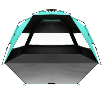 OutdoorMaster Beach Tent with Blackout Shelter Technology, Portable Sun Shade Shelter 4 Person, Pop Up Beach Tents with UPF 50+ UV Protection, 9.5mm Thick Pole, 3 Ventilating Mesh Windows -Green