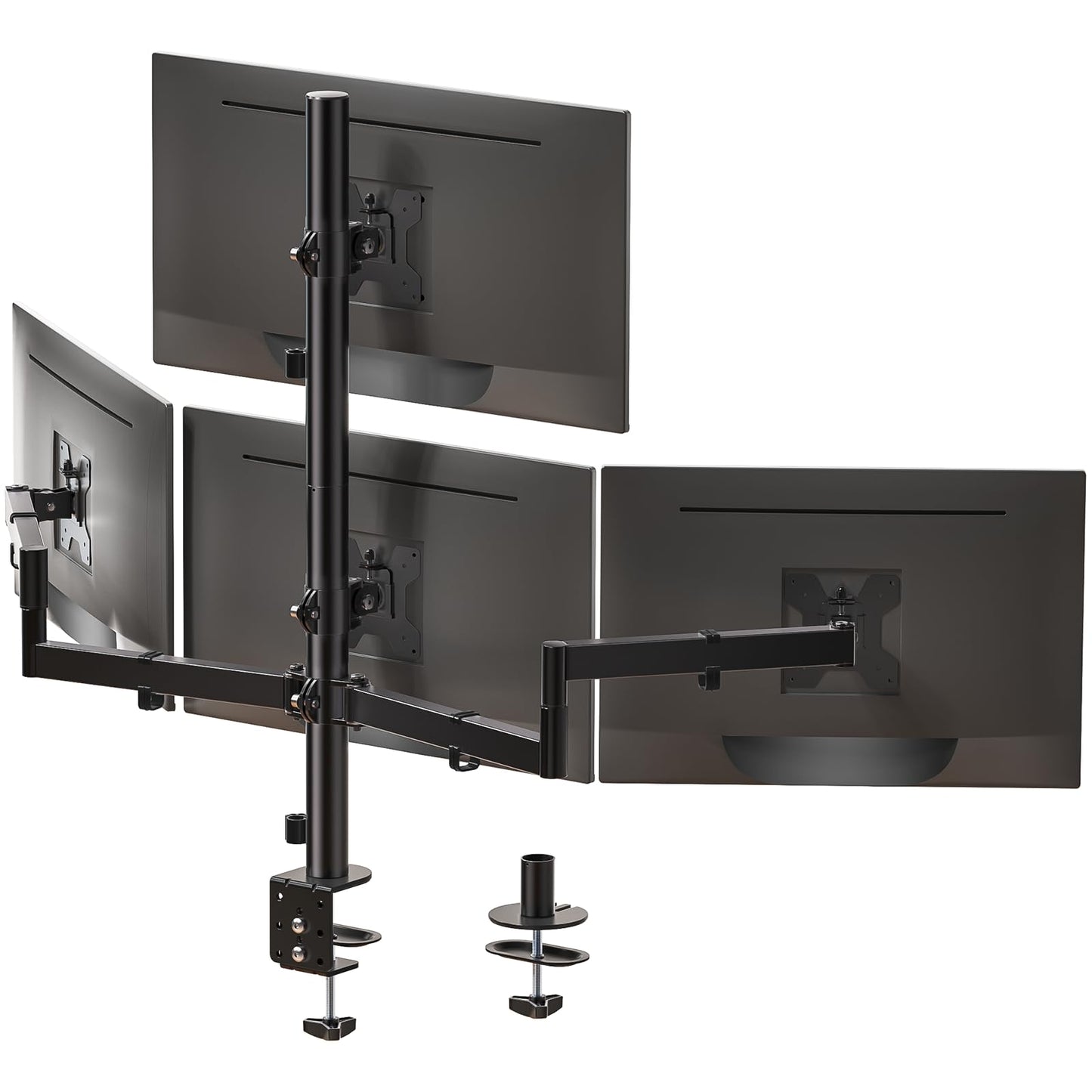 WALI Quad Monitor Mount for 13-27 Inch Screens, Fully Adjustable 4 Monitor Stand with Swivel, Tilt, Rotation, Clamp & Grommet Base Kit, Max Load 22lbs per Screen (M004S), Black