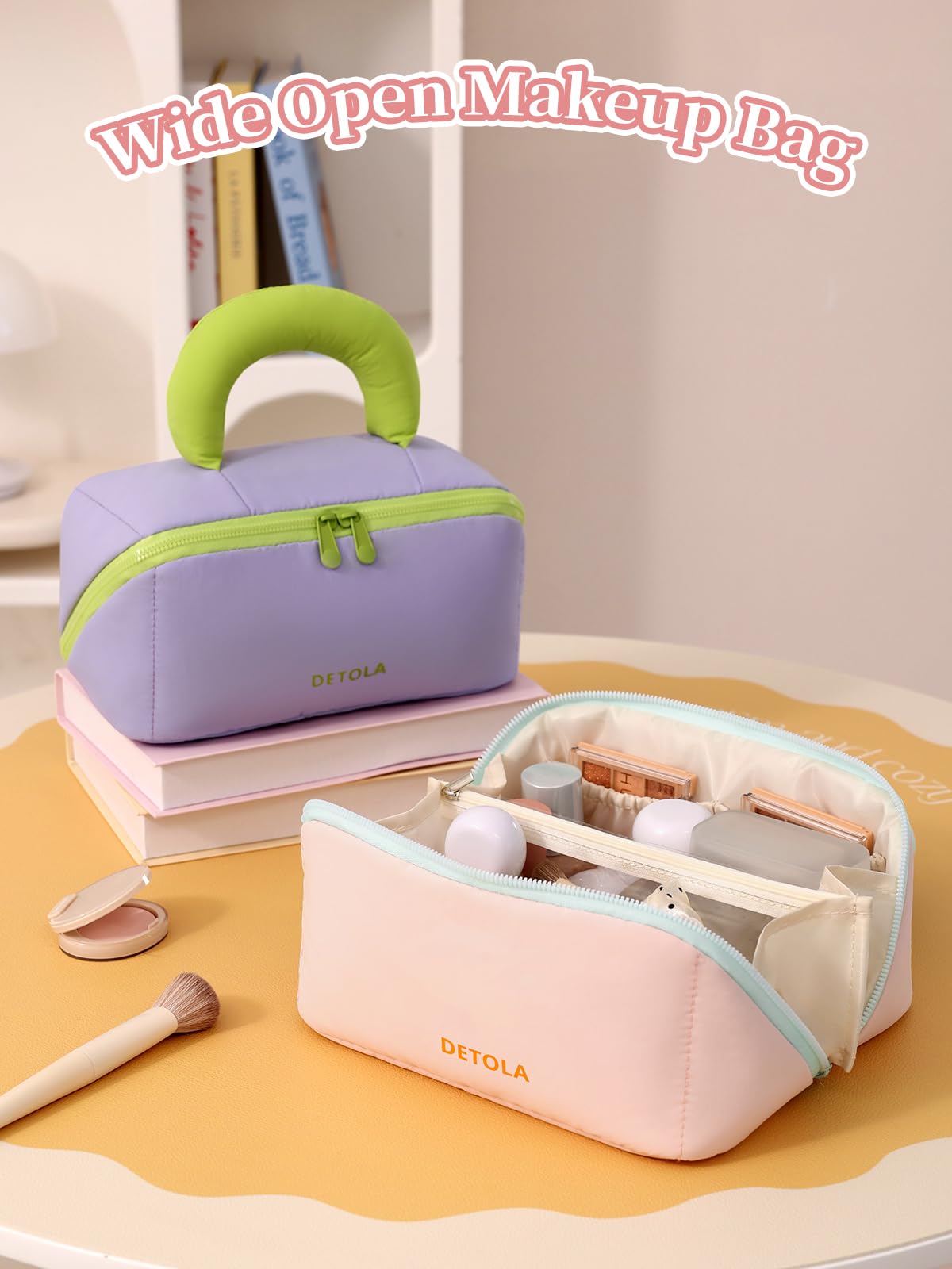 Detola Travel Makeup Bag, Cosmetic Bags for Women Lay Flat Makeup Bag with Compartments and Handle Waterproof Toiletry Bag Wide Open Portable Pouch Travel Essentials Gifts for Women, Pink