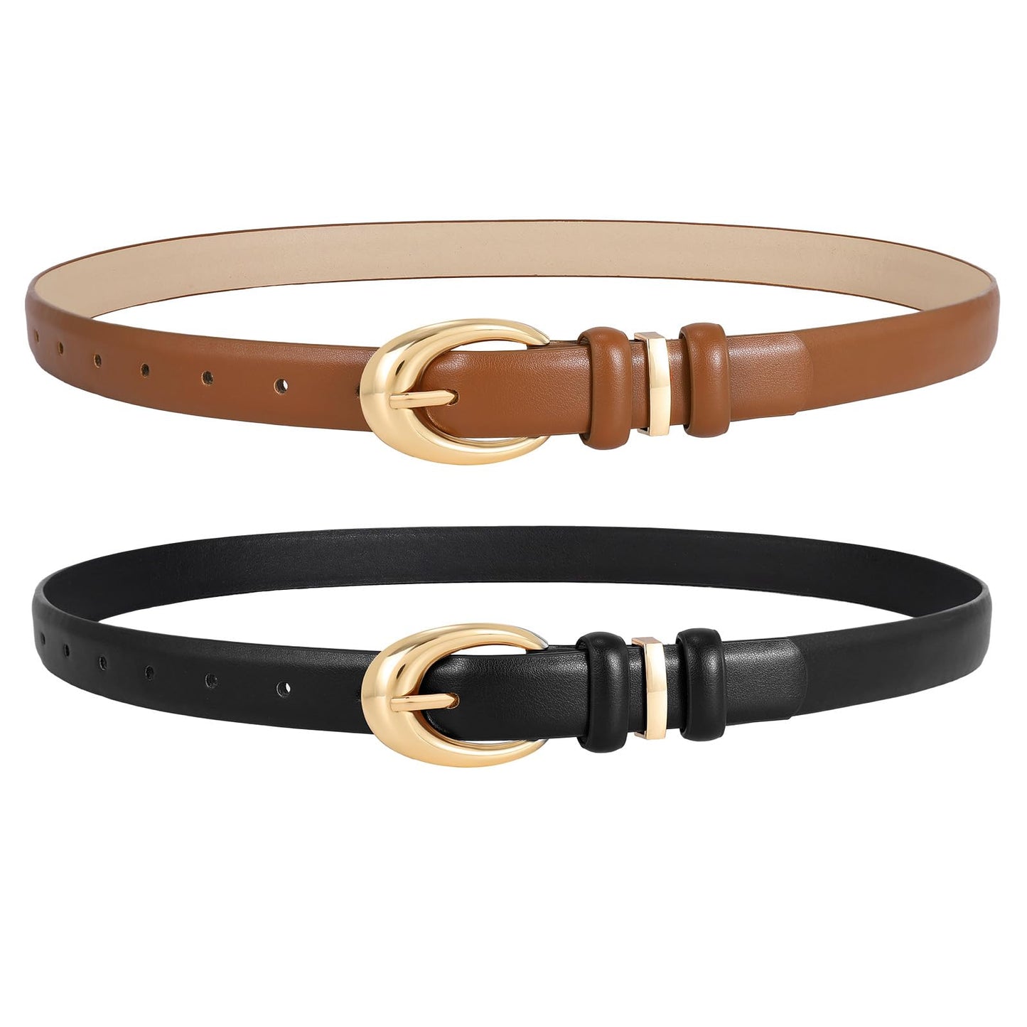 LEACOOLKEY 2 Pack Women Leather Belts for Jeans Dress Fashion Ladies Belt with Gold Silver Buckle