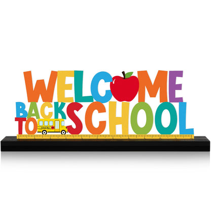 MiniInflat Welcome Back to School Metal Sign First Day of School Table Decor Metal Word Sign with Wooden Base for Classroom Teacher Party Favor Supplies Tiered Tray Decor Shelf Tabletop Decorations