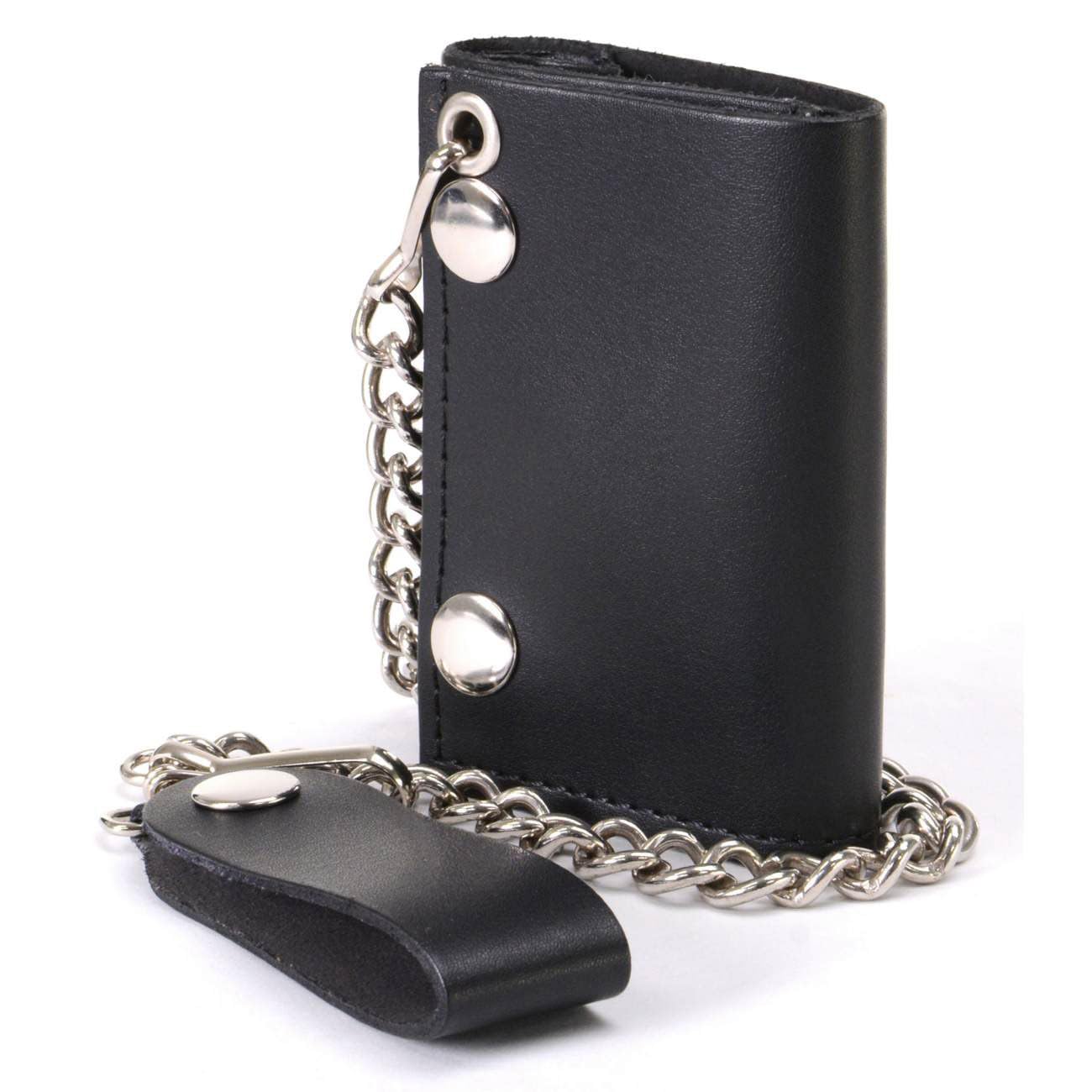 Milwaukee Leather MLW7831 Men's 4" Classic Black Plain Genuine Leather Tri-Fold Biker Wallet w/Anti-Theft Stainless Steel Chain - One Size
