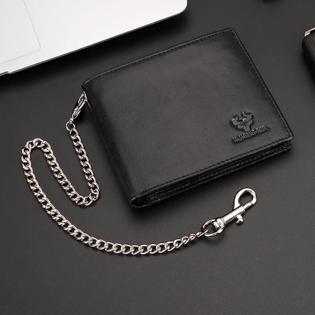 Genuine Leather Card Holder Wallet with Chain Accessory for Men, Women RFID Blocking 13 Card Slots 2 ID Windows 2 Bill Compartments Short Bi-Fold Wallet Gift (Black)