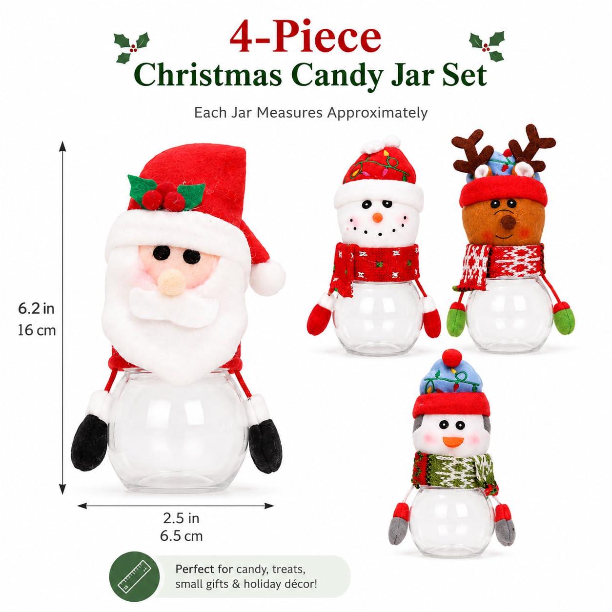 LUOZZY 4pcs Christmas Candy Jars Clear Treat Containers Xmas Holiday