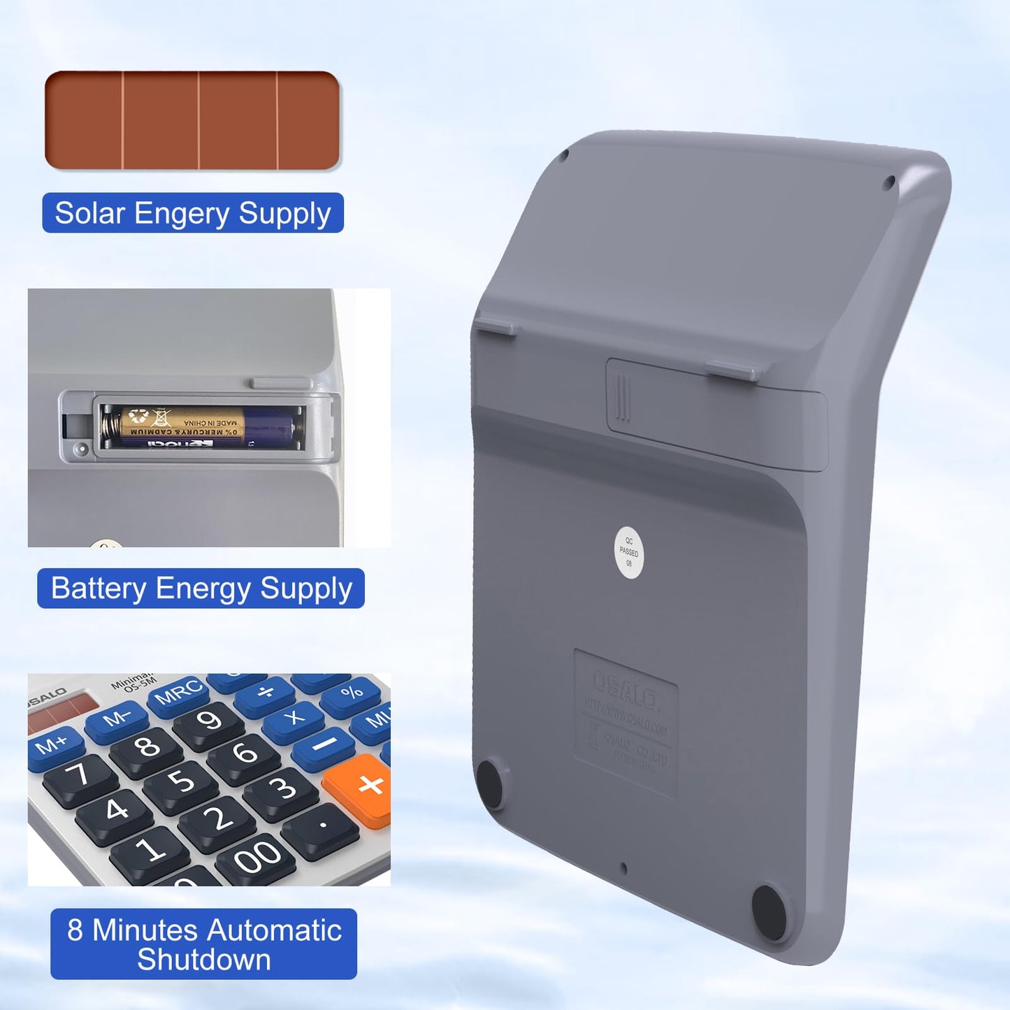 Desktop Calculator Large LCD Display 12 Digit Number Handheld Portable Pocket Basic Calculator with Big Soft Sensitive Button, Battery and Solar Powered, for Office Home School Use(OS-6M)