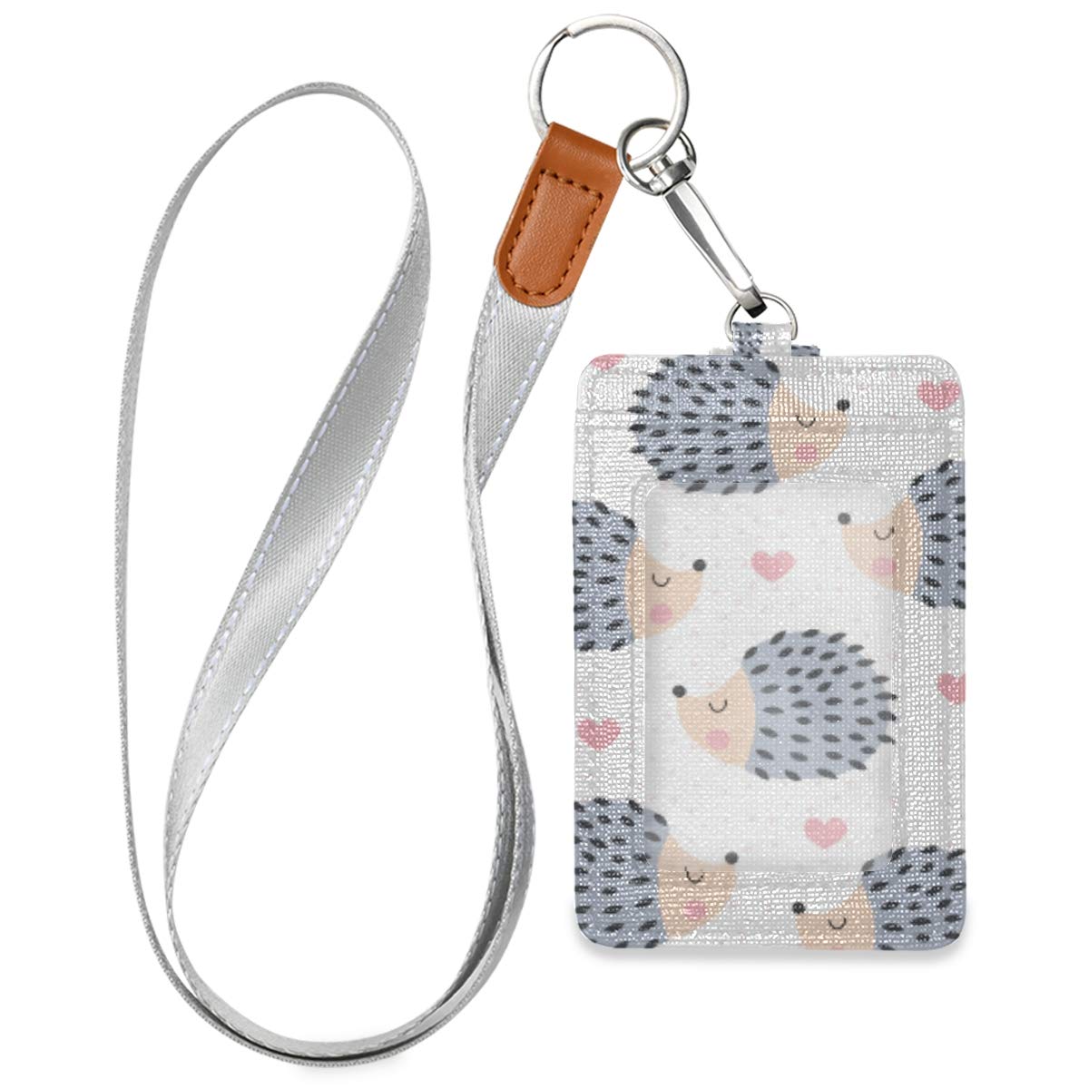 Qilmy Hedgehog ID Badge Holder Leather Credit Card Badge Holder with Lanyard for Boys Girls School Office Staff