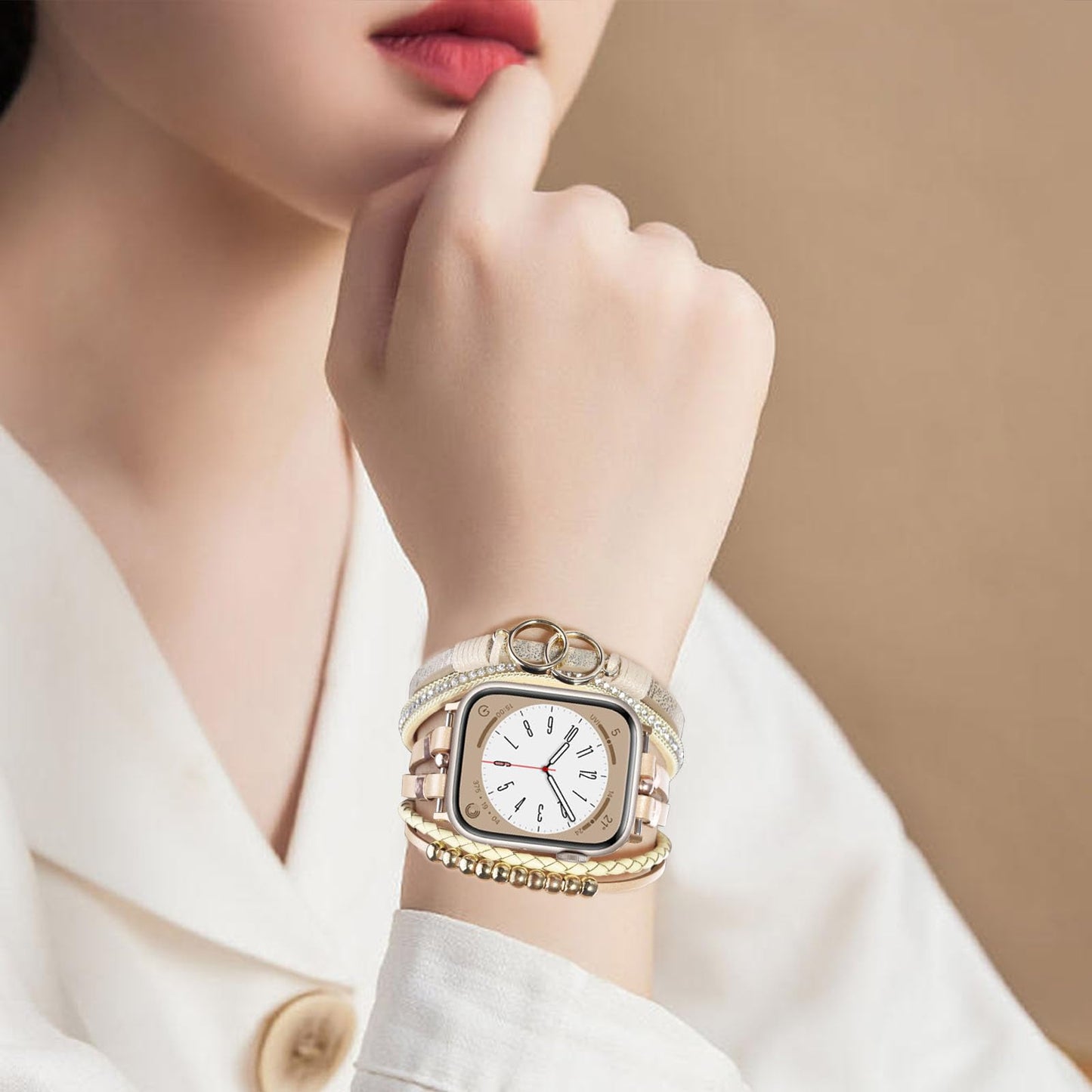 MOFREE Boho Leather Bracelet Compatible with Apple Watch Band 38mm 40mm 41mm Women, Handmade Multilayer Wrap Beaded Jewelry Apple Watch Strap for iWatch Series 10 9 8 7 6 5 4 3 2 1 Rose Gold