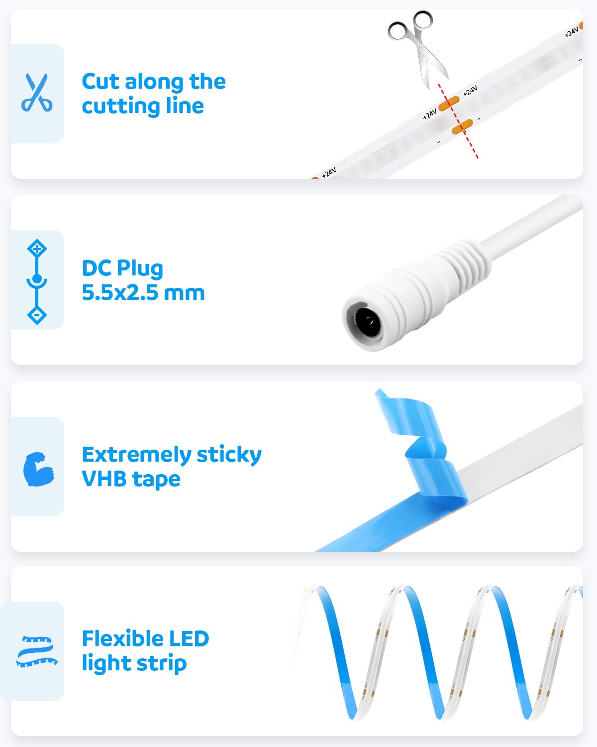 Aclorol 32.8ft Blue Led Strip Lights COB Led Strip Light 24V Flexible LED Tape Light for Bedroom Kitchen Cabinet Closet Other Home Indoor Decor 3200Leds 10M(Power Supply&Dimmer Not Included)