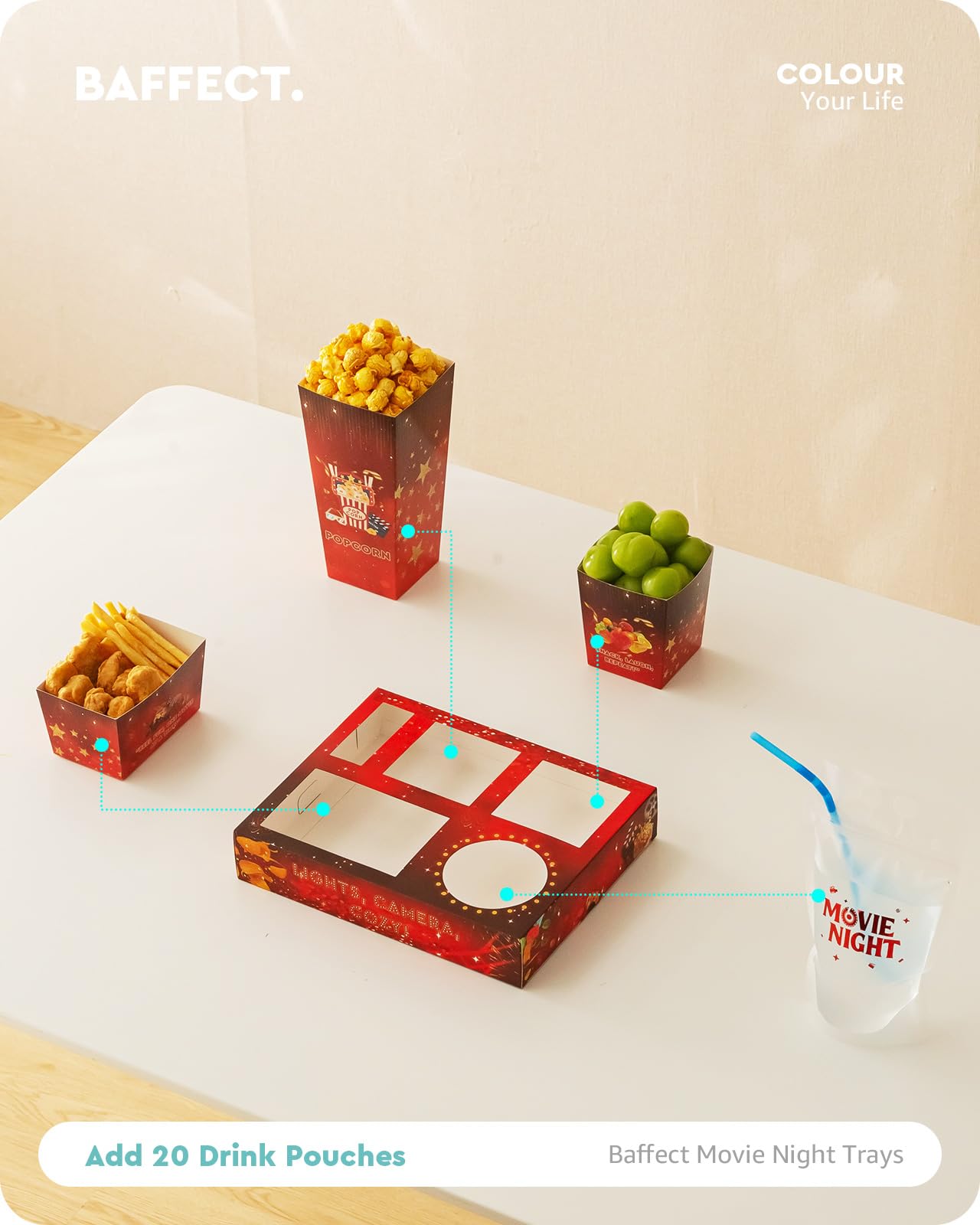 Baffect Movie Night Snack Trays 140pcs, Include Movie Snack Trays, Drink Pouches With Straws, Popcorn Boxes, Salad Bowls, Nacho Bowls & Movie Party Invitations, For 20 Outdoor Movie Night Party Guests