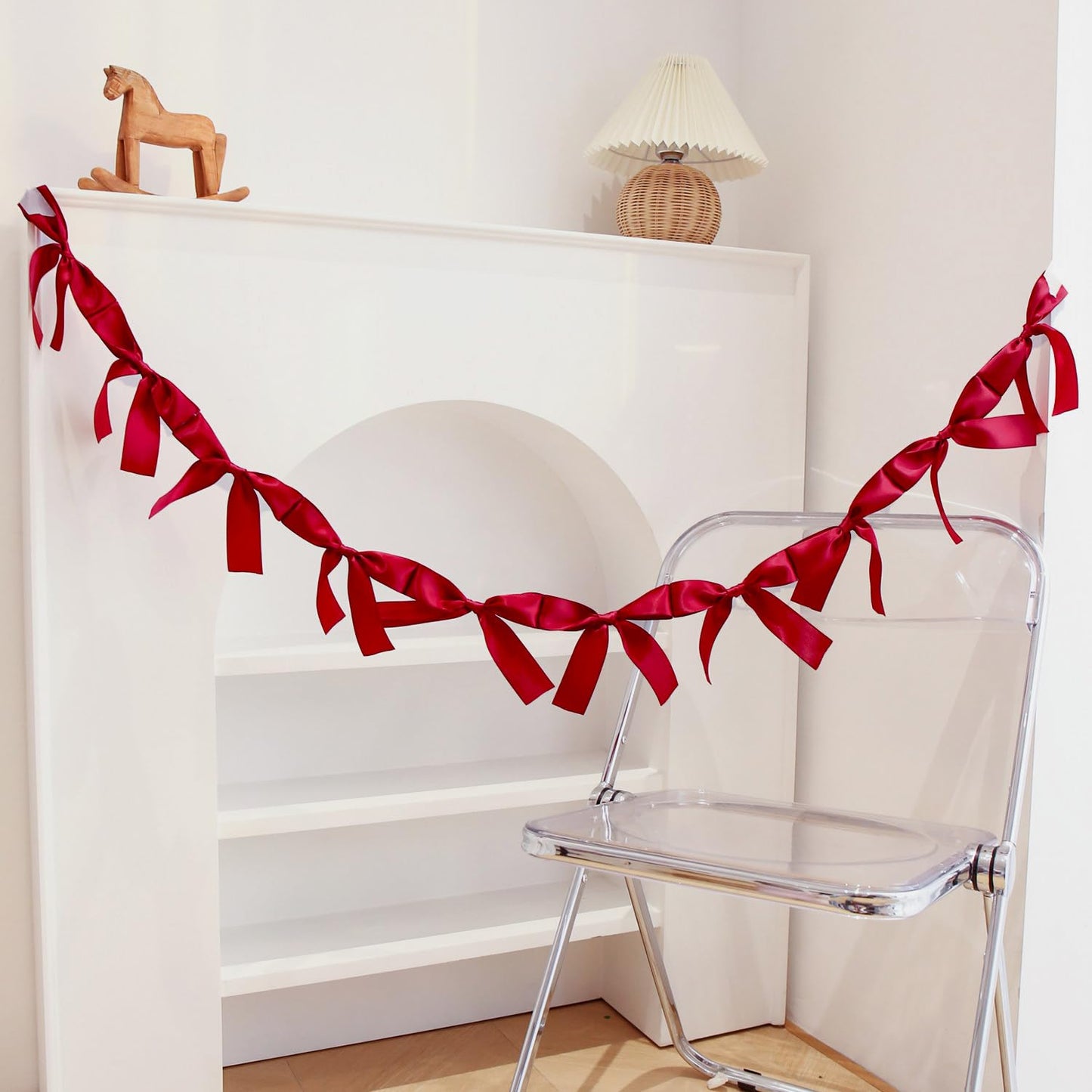 Eanjia Pre-Assembled Red Bow Garland | Double Side Satin Silk Bow Banner and Extend Ribbon for Coquette Birthday Bridal Shower & Bachelorette Party,Read to Hanging (Red, 6ft)