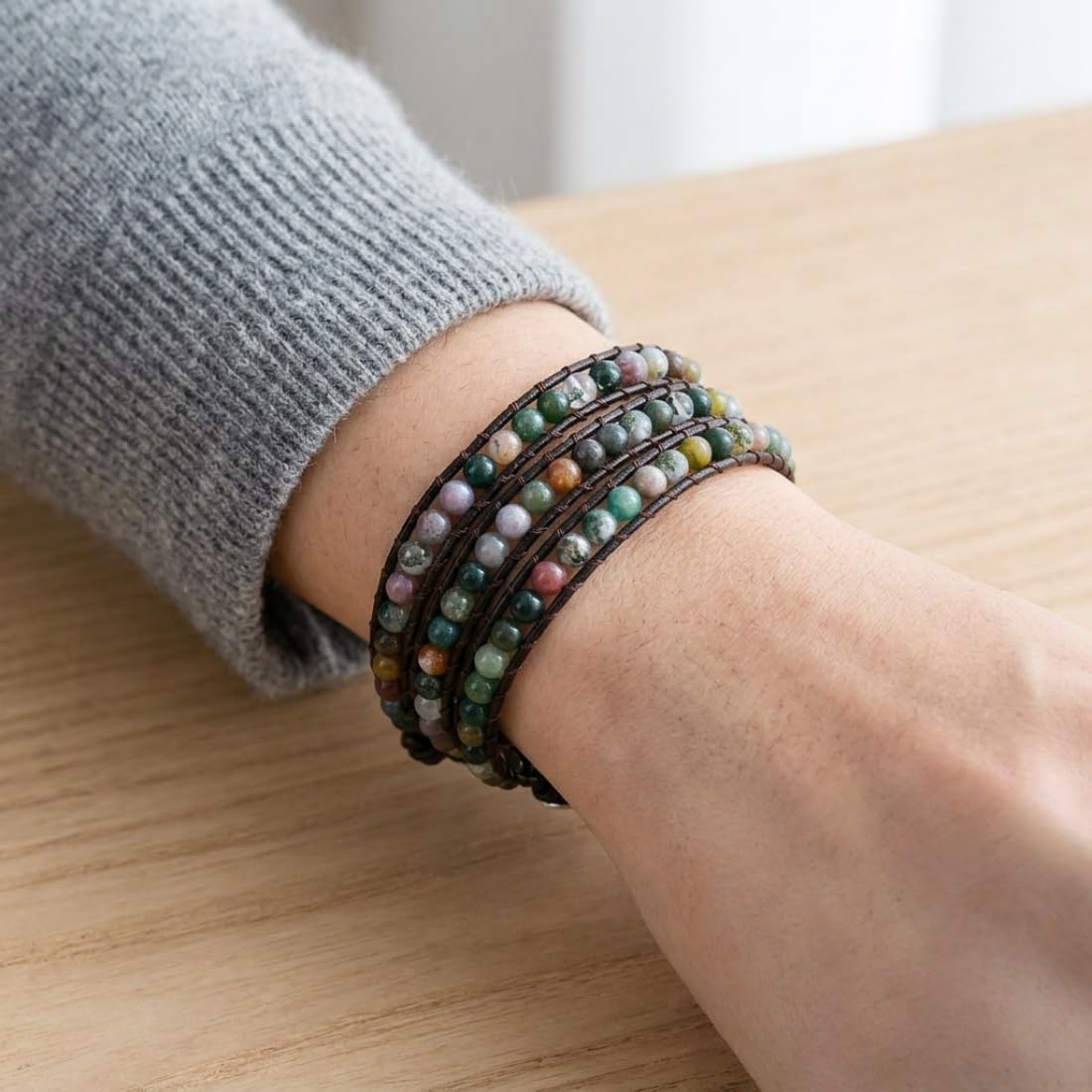 YGLINE Handmade Leather Wrap Bracelet Agate Wrap Adjustable Bead Bracelet