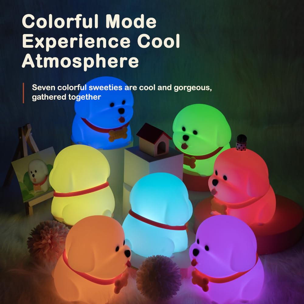 Wonderboy Puppy Night Light, 3000K Warm Light, RGB Color Mode, Adjustable Brightness, 15-Min Auto Off, Silicone, White