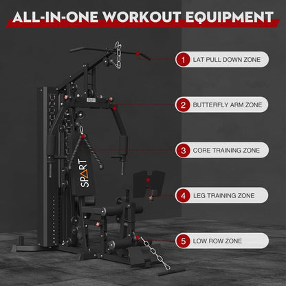 SPART Multifunctional Home Gym Station, Home Gym Exercise Equipment with 160LBS Weight Stack, Full Body Strength Training Workout Machine for Leg Press, LAT Pull Down, Chest Press, PEC Fly, Black