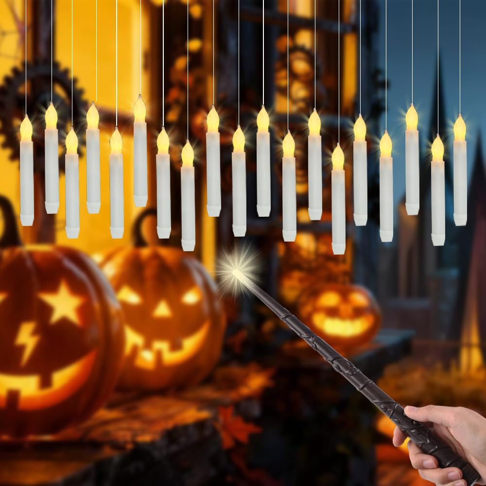 LONGSUOCHUANG Magical Floating Candles with Wand - 20 Pcs Battery Operated Flameless Candles, Realistic Warm Yellow Flickering Light with Remote for Halloween Indoor, Christmas, Home Decor