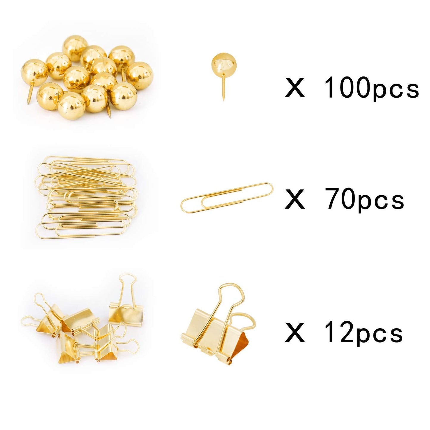 Gold Binder Paper Clips Set,182pcs Large Paper Clips,Binder Clips,Push pins, Office Supplies Clips for Women,Desk Accessory