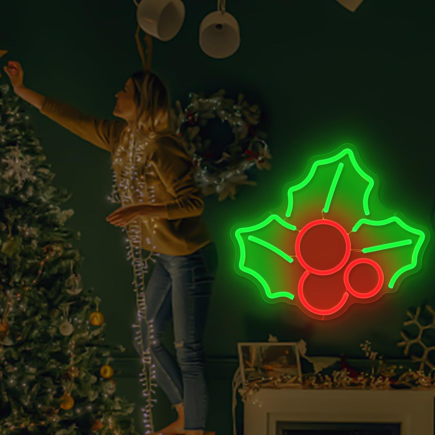 Holly Neon Sign for Wall Decor Dimmable Christmas Neon Sign Fruit Neon Light Signs Led Neon Light Up Sign Neon Signs for Bedroom Living Room Shop Bar Pub Club Christmas Gift Party