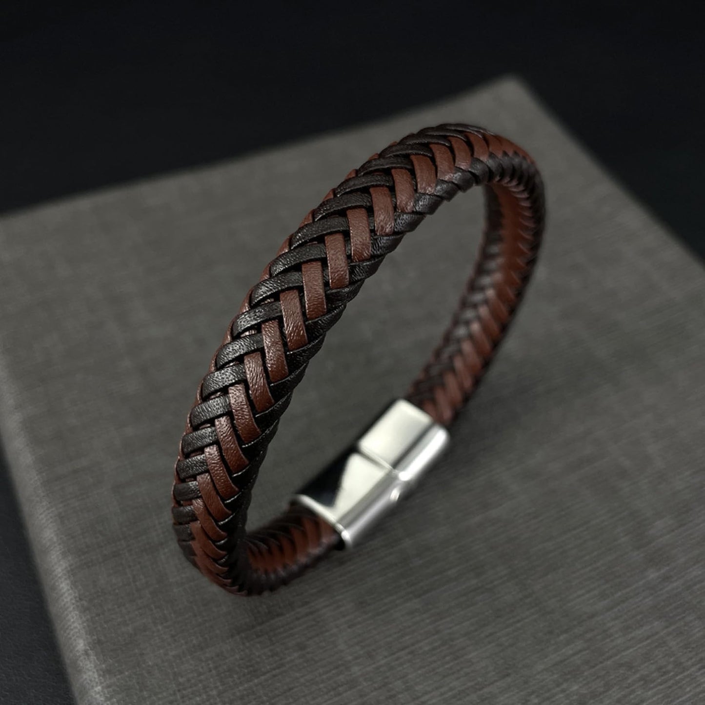 Kim Carrey Italian Handmade Genuine Leather Bracelets for Men Stainless Steel Clip, Men's Casual Genuine Multi-layer Cuff Bracelet, Bracelet Gift for Real Men (8.6" Large Size Black Brown Weave)