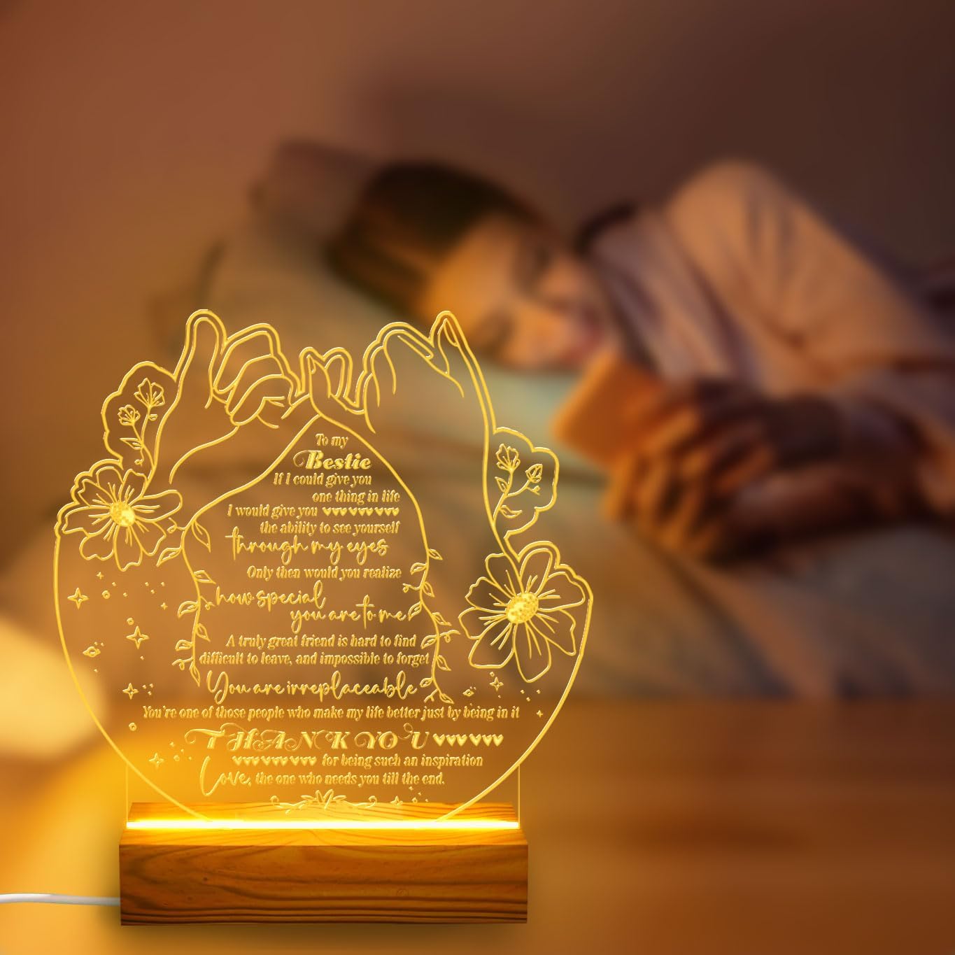 Bestie Gifts Heartfelt LED Night Light for Best Friend - Bestie Birthday Gifts - USB Powered Lamp with Pinky Promise Design and Touching Message - Wooden Base - Perfect Friendship Gift for Home Decor