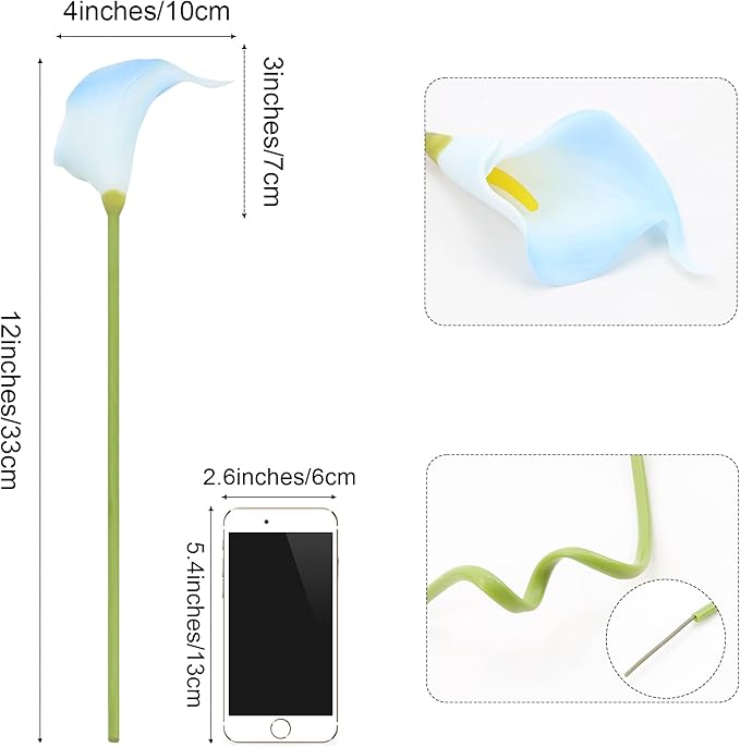 SITUMEIZI 24 PCS Light Blue Fake Flowers Artificial Calla Lily Silk Flowers Real Touch for Mother's Day Easter Home Kitchen Decor Wedding Bouquet Office Spring Decoration