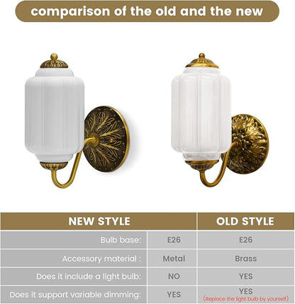 Vintage Mike White Glass Wall Sconce - Milk Glass Shade Antique Brass Indoor Wall Light for Bedroom, Living Room, and Hallway