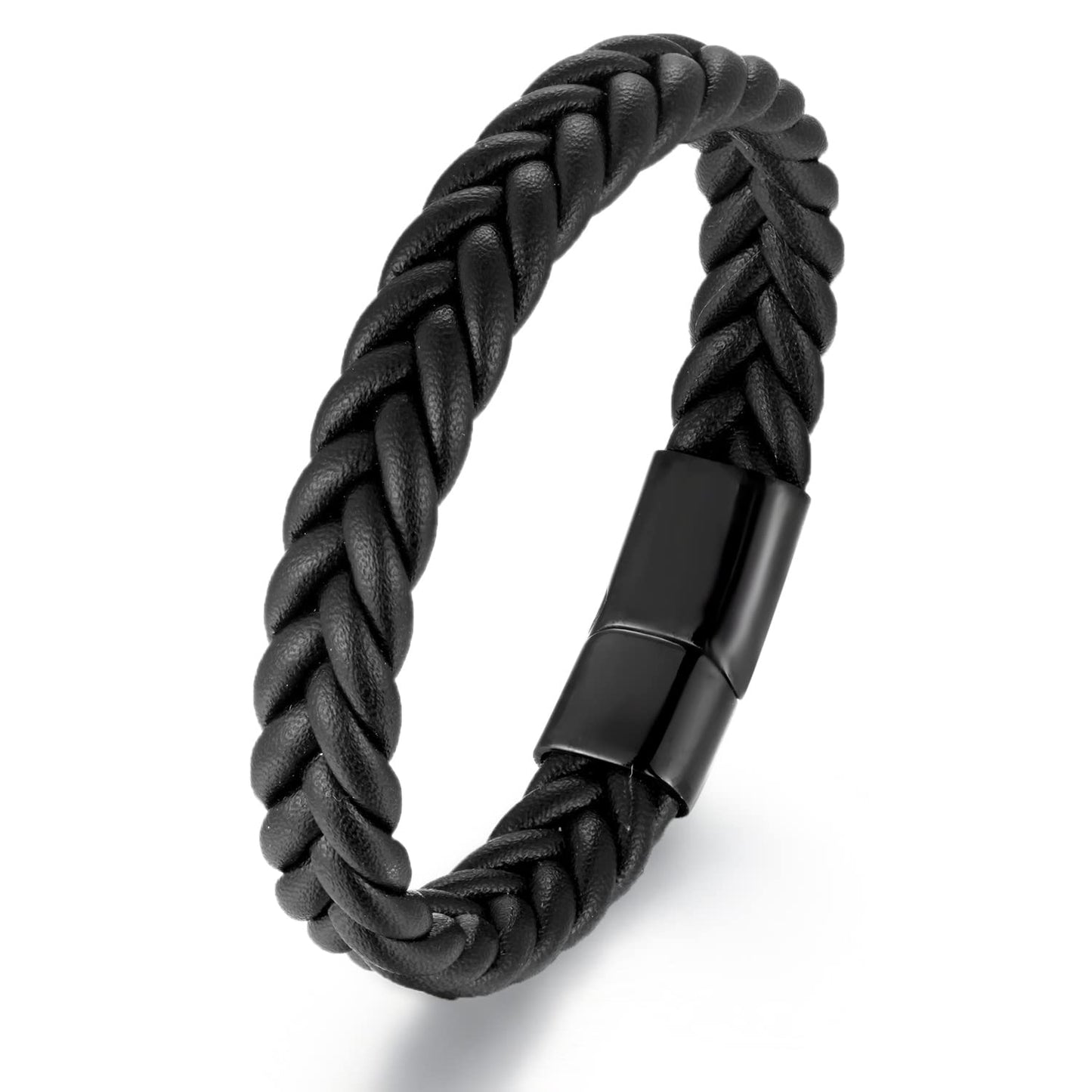 BIYONGDE Handmade Black Braided Leather Bracelet, Black Stainless Steel Clasp, Mens Cool Classic Stylish