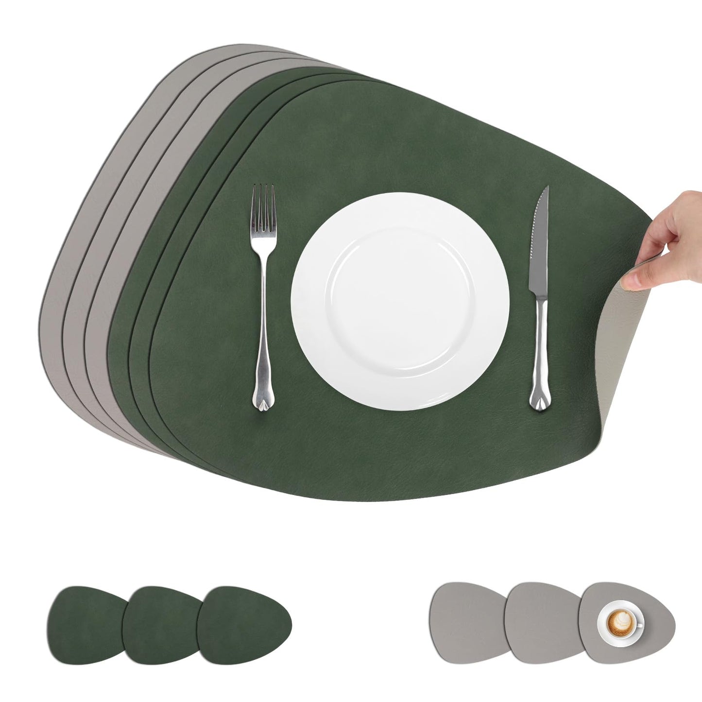 comfoyar Faux Leather Placemats with Coasters Set of 6, 13x16.5 Inch Non-Slip Dual-Sided Green Grey Place Mats, Washable Waterproof Table Mats for Indoor Kitchen Dining Party Table Decoration