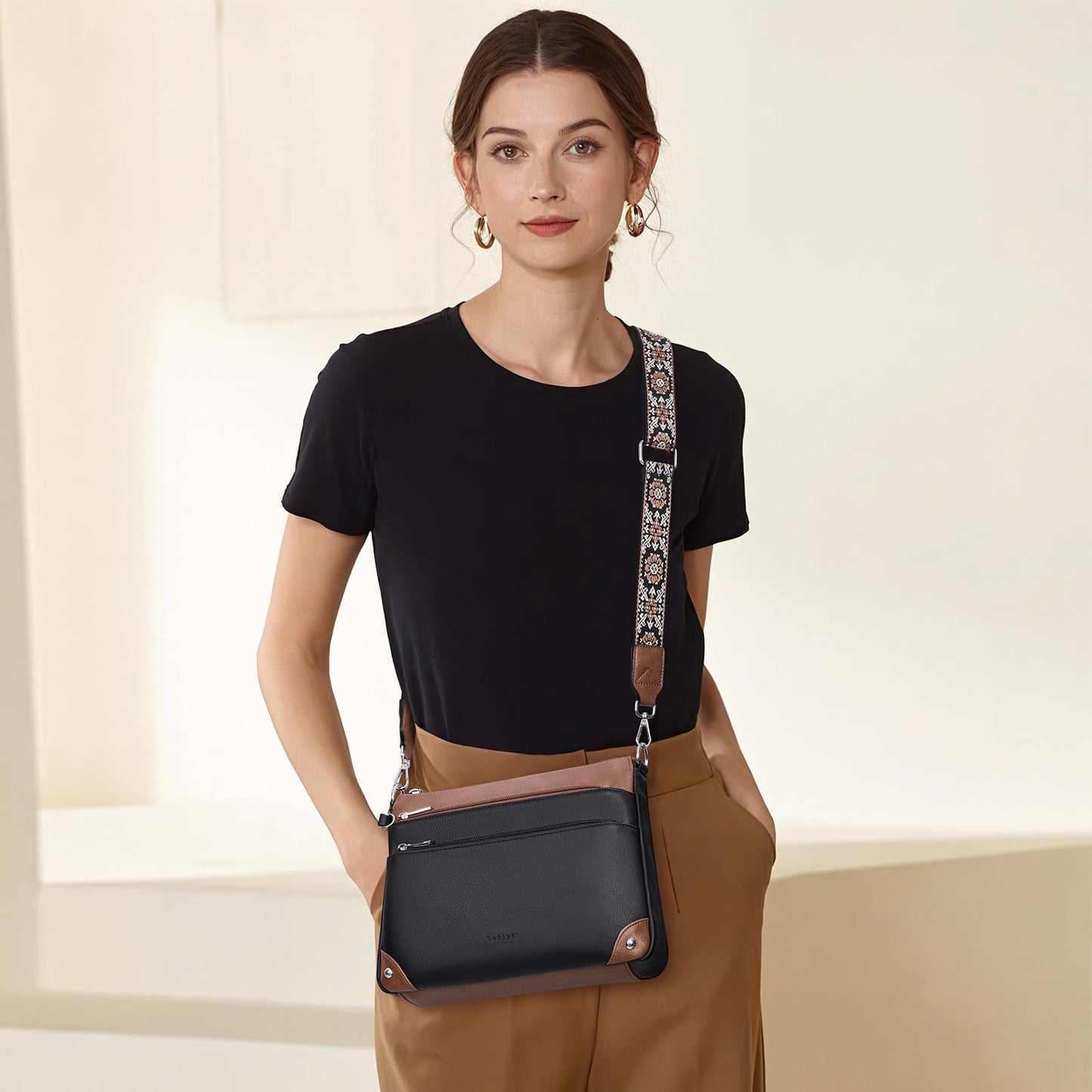 Lexiyat Crossbody Bags for Women Rfid Travel Crossbody Purses Leather Roomy Handbags Medium Shoulder bag with Adjustable Strap Blackwithbrown