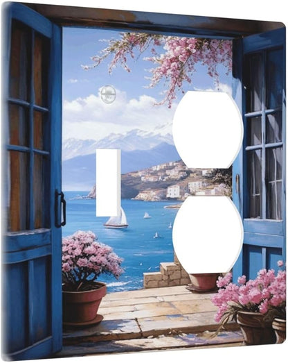 Decorative Art Light Switch Covers Seaside Window View 2 Gang Single Toggle Duplex Combination Electrical Faceplate Switchplate Wall Plate for Home Decor