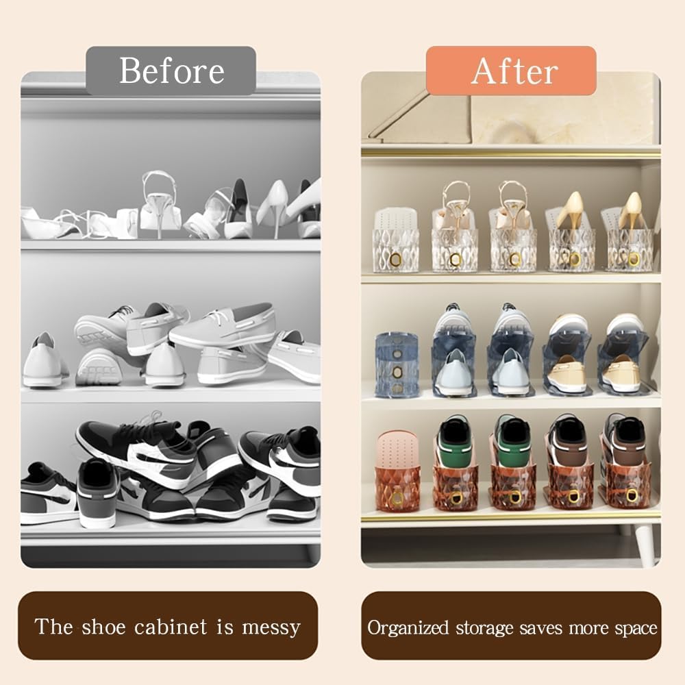 WMBOOX Shoe Slots Organizer, 15 Pack - Adjustable Shoe Stacker for Closet Storage, Clear Double Layer Space Saver, Durable and Stackable Shoe Holder for Sneakers Heels and Flat