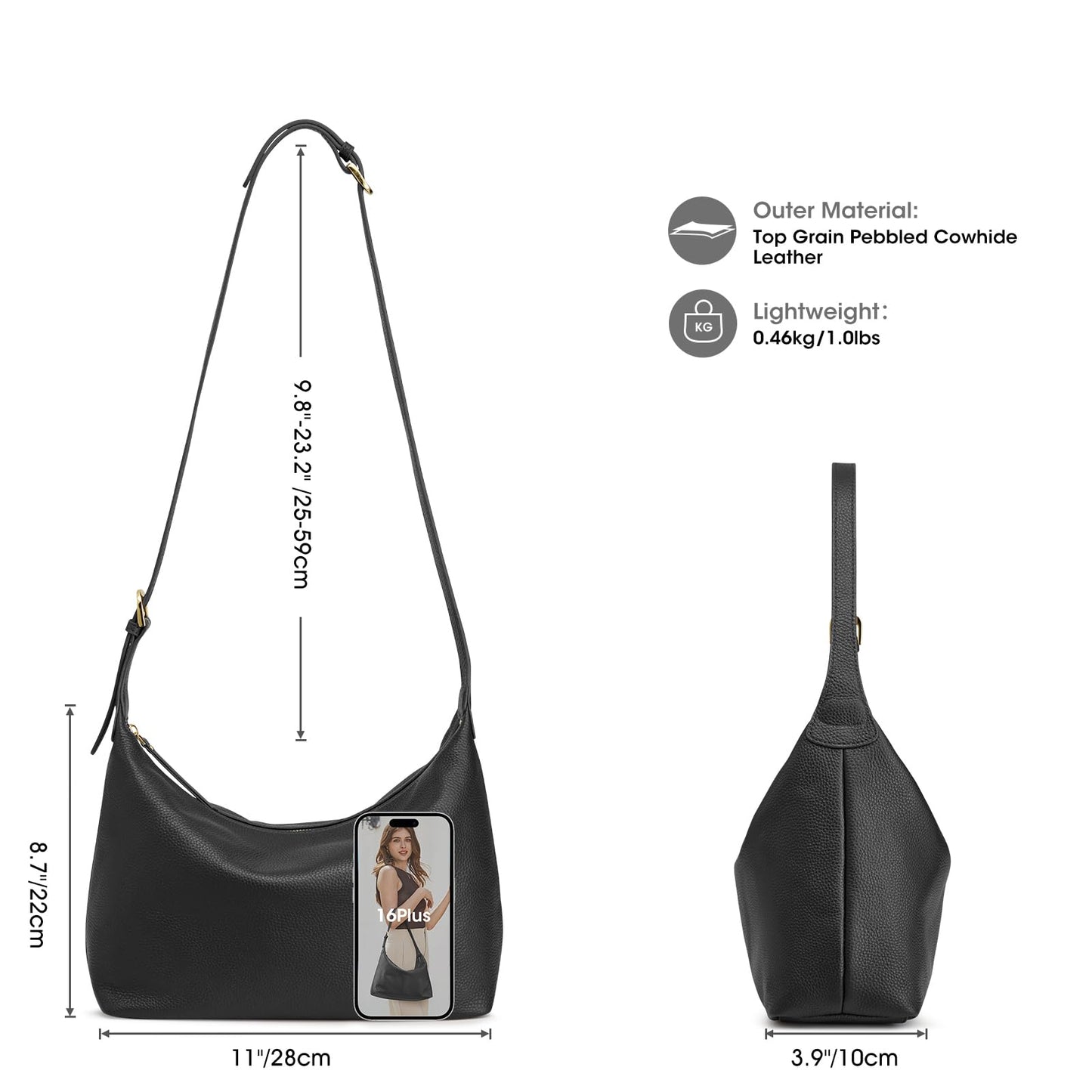 Kattee Meduim Leather Hobo Bags for Women, Soft Genuine Leather Crossbody Handbags Shoulder Purse for Work Casual, Black