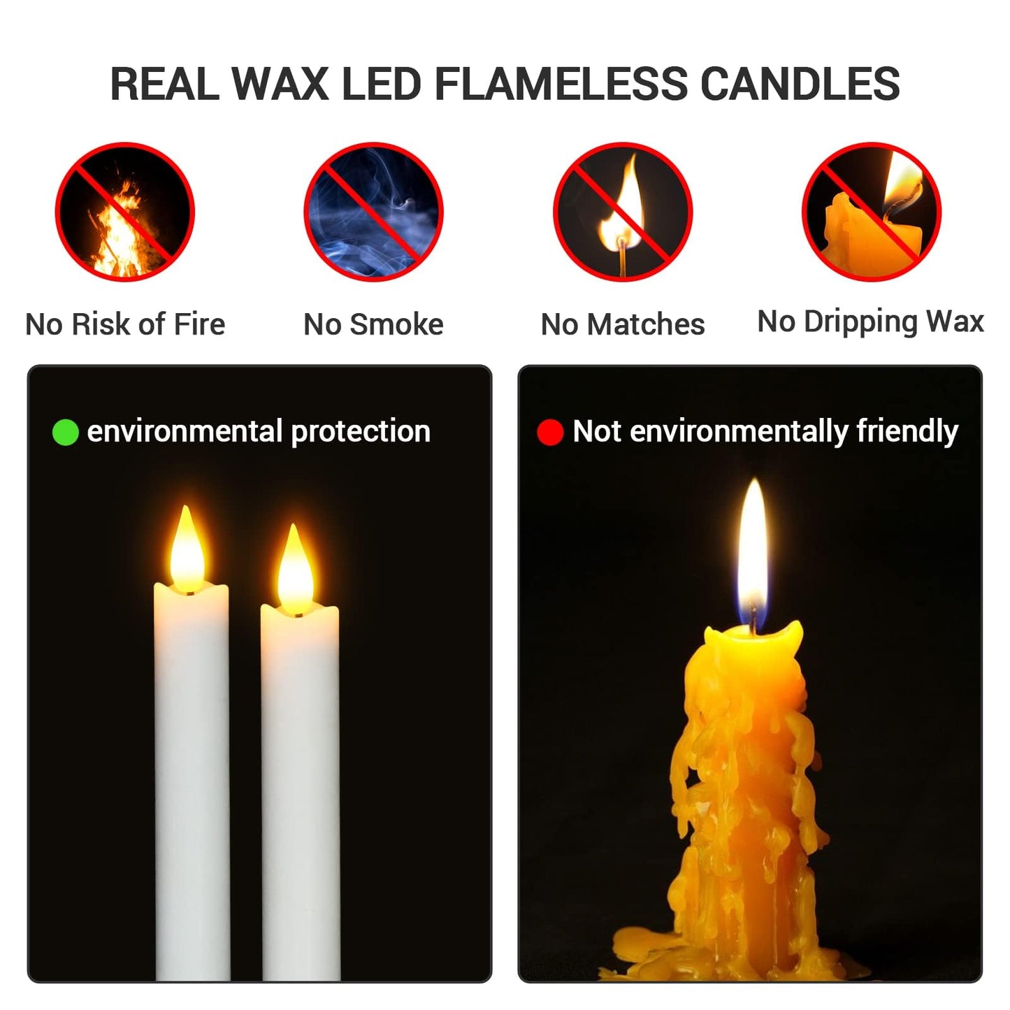 PChero Rechargeable Taper Candles with Remote Timer, 9.8 Inches Real Wax Flameless LED Tapered Candles USB Chargeable for Fireplace Xmas Holiday Home Decor, 2 H Charge/130 H Work Time