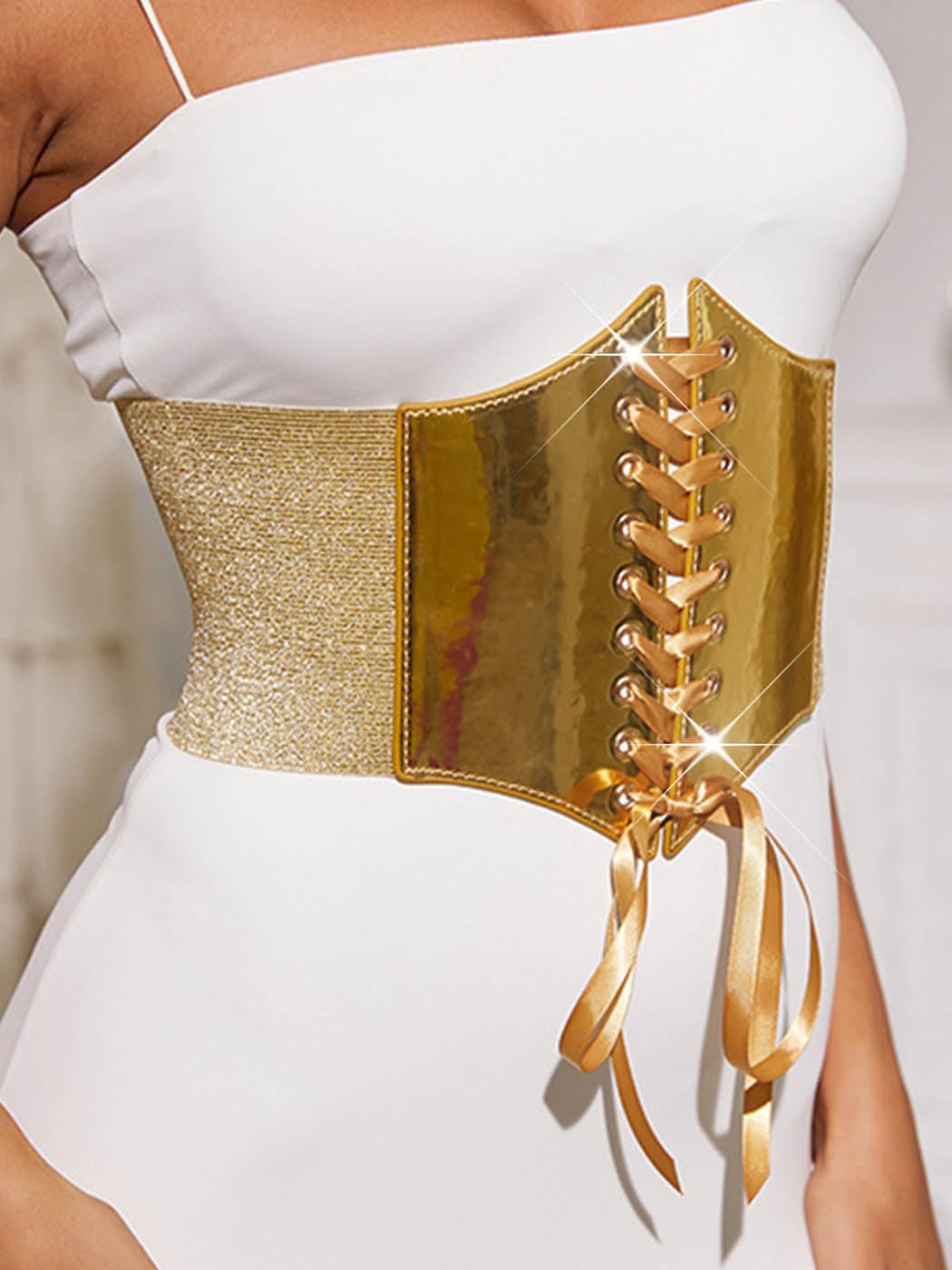 Urieo Wide Elastic Corset Belt, Gold Lace-Up Waist Cincher, Stretch Side Panels