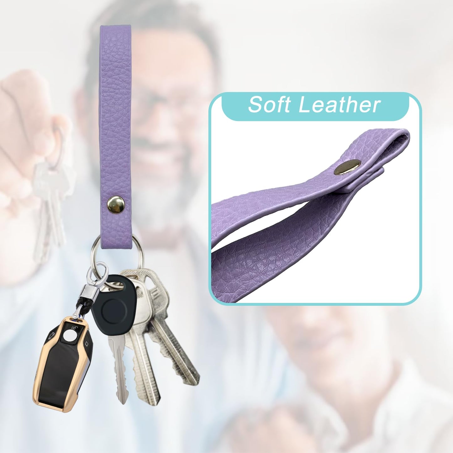 KRSURERICHER Leather Key Fob Holder, Access Card Key Chains RFID Protector, NFC Smart Key tag Case Keychain for Broken Key