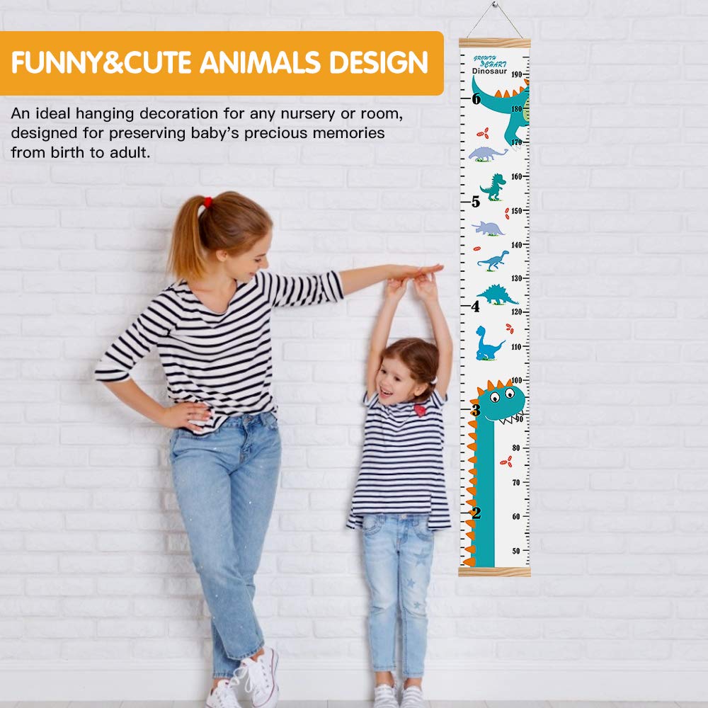 Growth Chart for Kids, Height Chart for Kids/Boys/Girls/Baby, Canvas & Wooden, Removable Growth Height Chart, Christmas Wall Room Decor -Dinosaur