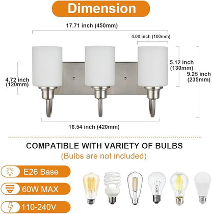 VINLUZ 3-Light Indoor Modern Bathroom Vanity Lighting Fixtures,Brushed Nickel Finish Metal Wall Light Over Mirror with Opal White Glass Shade for Hallway Makeup Table