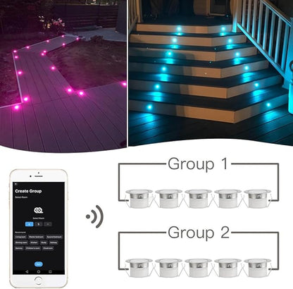 LED Deck Lights Kit, 20pcs Φ1.22 WiFi Wireless Smart Phone Control Low Voltage Recessed RGB Deck Stair Lights Waterproof Outdoor Step Yard Path Landscape Decor, Fit for Alexa, Google Home