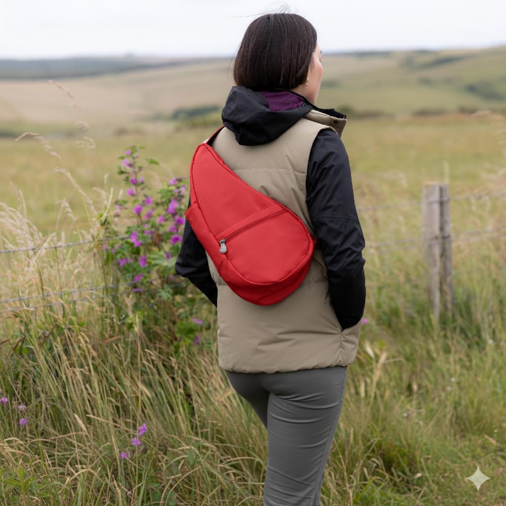 AmeriBag 17" Microfiber Healthy Back Bag Ergonomic Crossbody Sling for Everyday Use, Travel & Walking Comfort (Red)